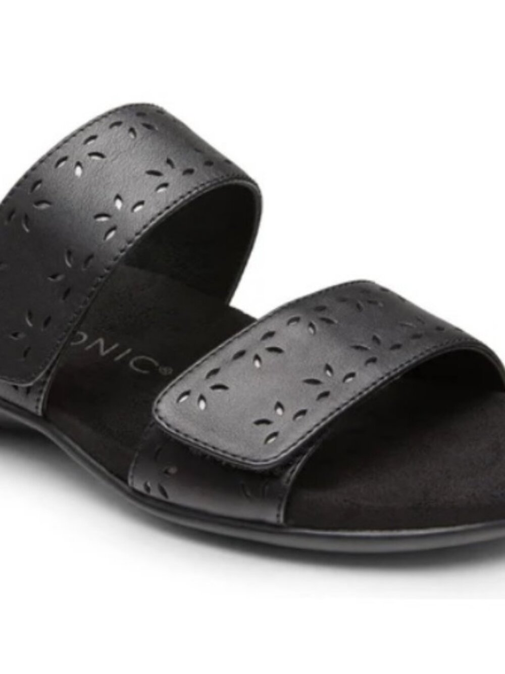 Vionic Randi Slide Sandal Black Leather, 11M Floral Cutouts